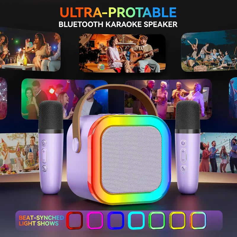 Portable Mini Karaoke Machine with 2 Wireless Microphones - Rechargeable USB Bluetooth Speaker, LED Lights, Suitable for Family Gatherings, Birthday Parties, Gifts for 3-14 Year-Old Children