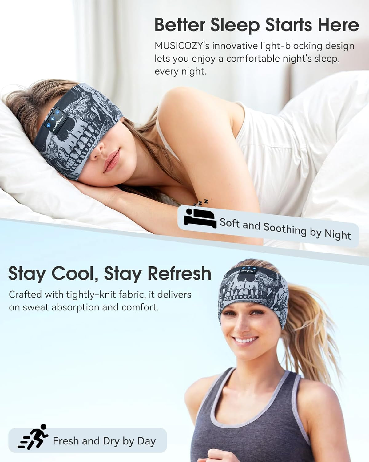 Sleep Headphones Bluetooth Headband Long Time Play Thin Speakers Wireless Music Sports Skulls Design for Running Yoga Workout Insomnia Cool Gadgets Gifts for Men Women