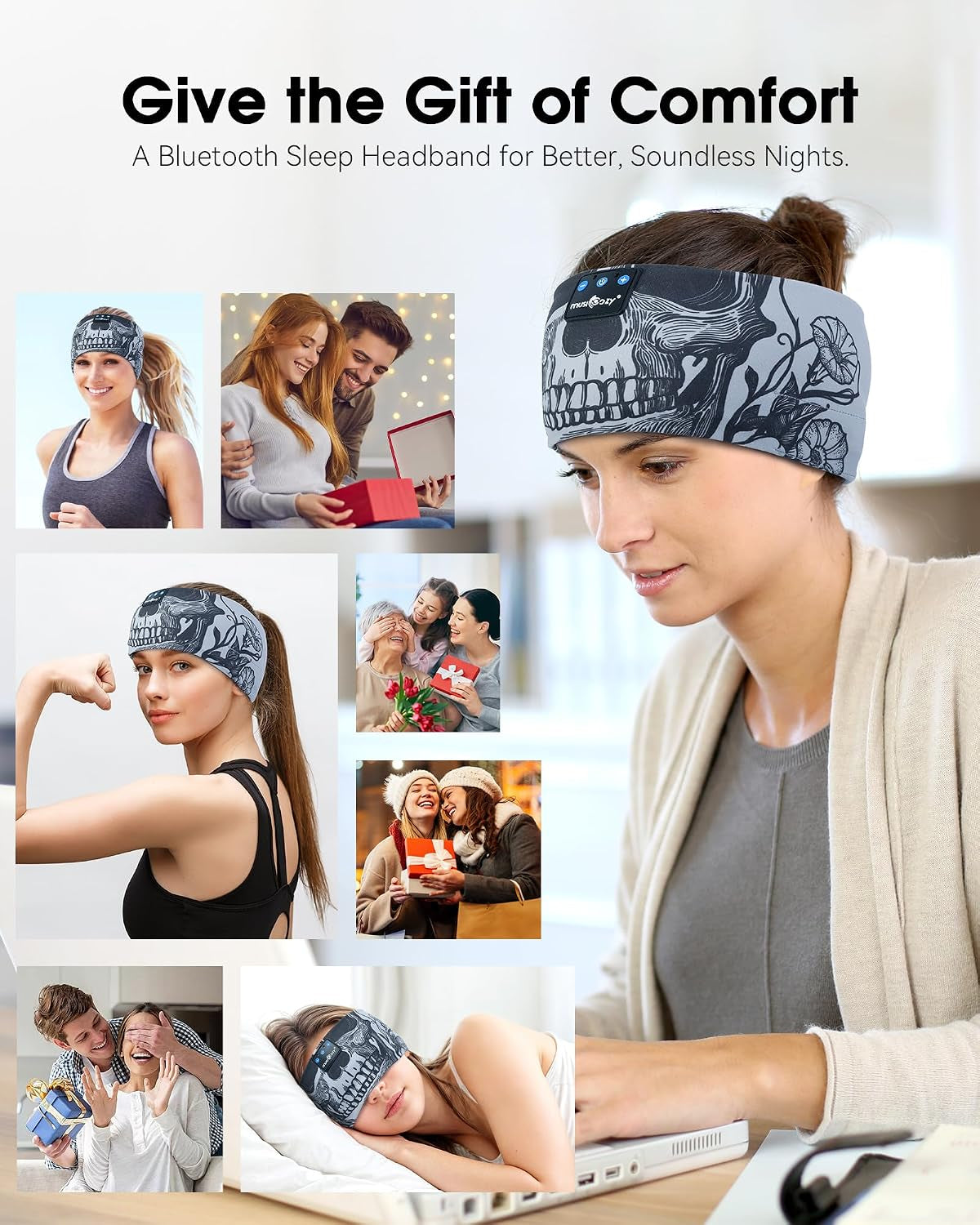 Sleep Headphones Bluetooth Headband Long Time Play Thin Speakers Wireless Music Sports Skulls Design for Running Yoga Workout Insomnia Cool Gadgets Gifts for Men Women