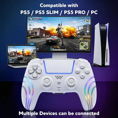 Olevo PS5 RGB Lighting Programmable Game Controller for Multiple Platforms, Esports Controller Compatible with PS5/PC, Wireless Drift-Free Sticks, Six-Axis Gyroscope, Dual Vibration, Rapid Firing, Touchpad, Bluetooth 5.0, 3.5 Mm Audio/Microphone Jack, Bac